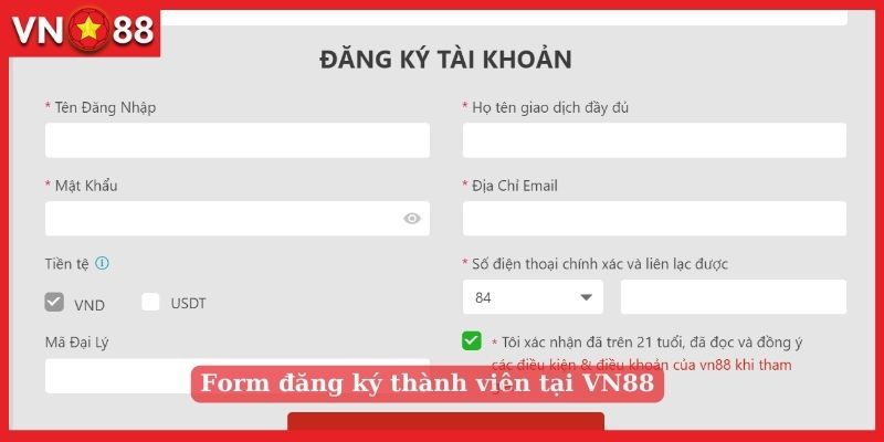 Form đăng ký thành viên tại VN88