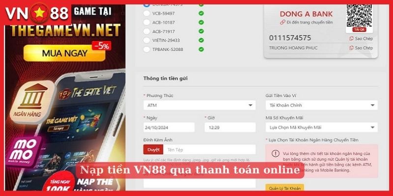 Nạp tiền VN88 qua thanh toán online